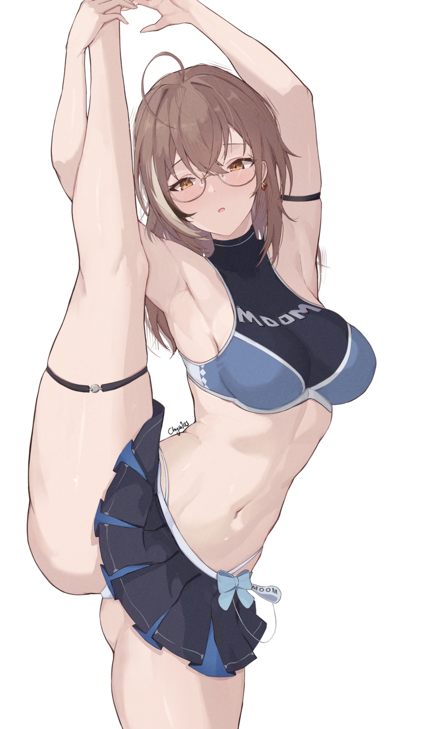 1girl absurdres ahoge armpits breasts brown_eyes brown_hair cheerleader chyraliss crossed_bangs glasses highleg highleg_panties highres hololive hololive_english leg_up medium_breasts medium_hair miniskirt multicolored_hair nanashi_mumei navel open_mouth panties pleated_skirt skirt split standing standing_on_one_leg standing_split streaked_hair thighs underwear virtual_youtuber white_background white_panties