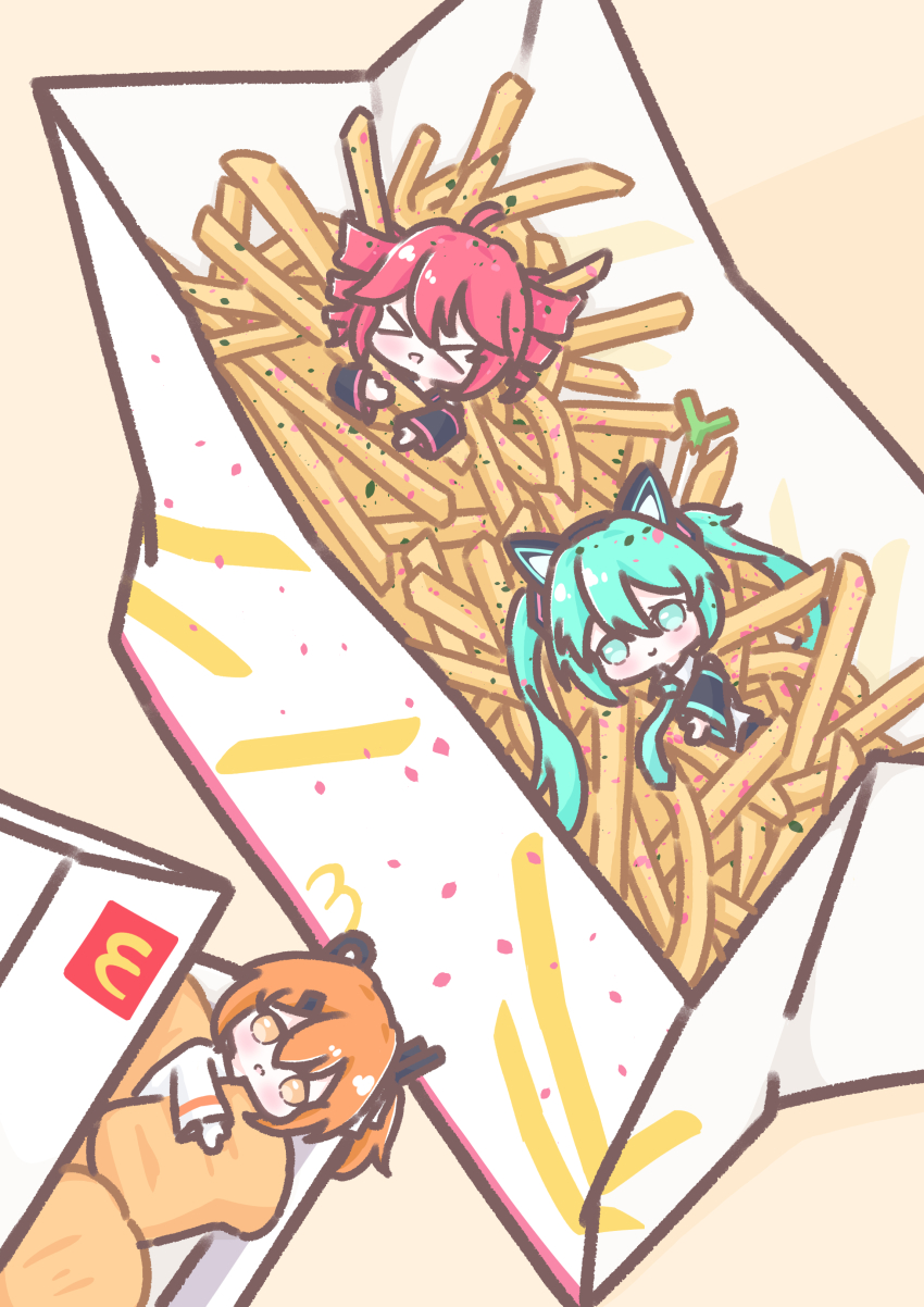 &gt;_&lt; 3girls a.i._voice absurdres adachi_rei ahoge animal_ears aqua_eyes aqua_hair aqua_necktie cat_ears chibi chibi_only chicken_nuggets closed_eyes closed_mouth cott_(cott_5) drill_hair food food_in_hair french_fries hatsune_miku highres in_food jacket kasane_teto long_hair long_sleeves looking_at_viewer mcdonald&#039;s mini_person minigirl multiple_girls necktie open_mouth orange_eyes orange_hair red_hair spring_onion twin_drills twintails utau vocaloid white_jacket