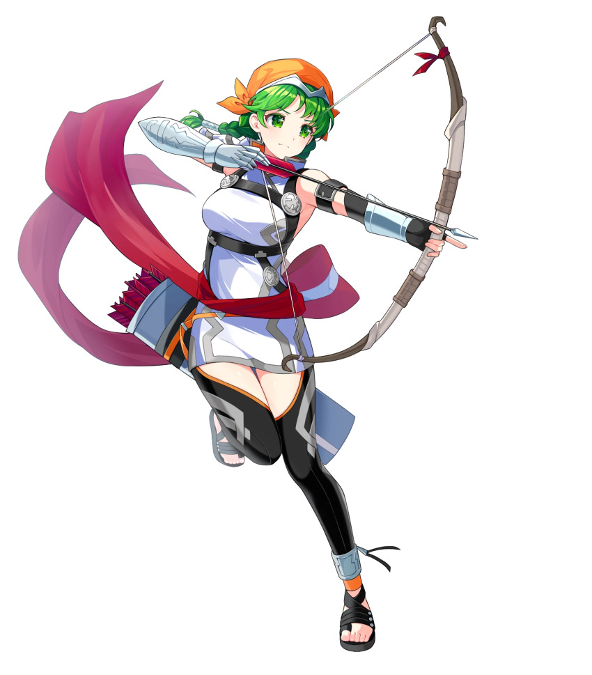 1girl arrow_(projectile) attack bandana black_pantyhose bow_(weapon) braid breasts cape chest_harness drawing_bow dress fire_emblem fire_emblem:_the_blazing_blade fire_emblem_heroes green_eyes green_hair harness highres holding holding_bow_(weapon) holding_weapon medium_breasts nintendo non-web_source official_alternate_costume official_art pantyhose quiver rebecca_(fire_emblem) rebecca_(resplendent)_(fire_emblem) red_cape single_bare_shoulder solo twintails v-shaped_eyebrows waist_cape weapon white_dress