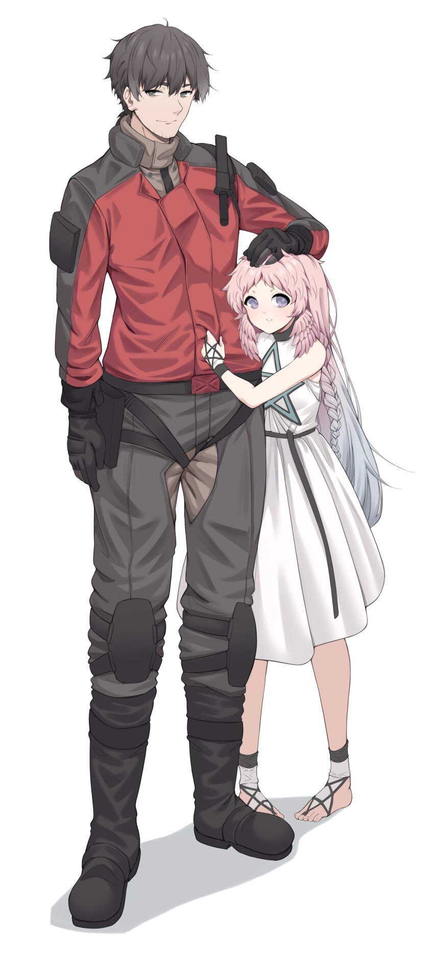 1boy 1girl absurdres act_(xadachit) black_footwear black_hair boots braid commander_(girls&#039;_frontline) dress facial_hair father_and_daughter girls&#039;_frontline girls&#039;_frontline_2:_exilium gloves headpat helena_(girls&#039;_frontline_2) highres hug jacket knee_pads looking_at_viewer pink_hair red_jacket standing stubble toeless_footwear white_background white_dress