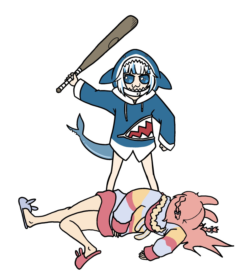 2girls absurdres baseball_bat blue_eyes blue_hair crossover fainted female_focus fins fish_tail gawr_gura highres hololive hololive_english hood hooded_jacket jacket long_hair lying multicolored_hair multiple_girls on_side phase_connect pink_hair pipkin_pippa rabbit_girl shark_girl shark_tail slippers tail the_justed_one virtual_youtuber white_background white_hair yuri