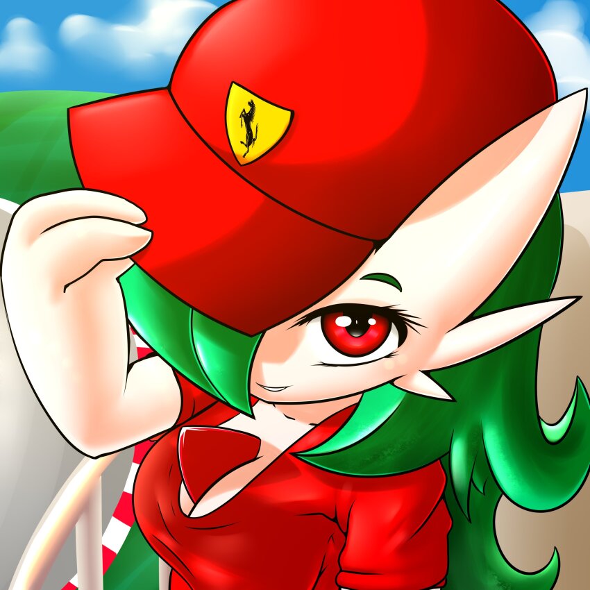 1girl absurdres adjusting_clothes adjusting_headwear alternate_hair_length alternate_hairstyle arm_up baseball_cap blue_sky breasts cleavage cloud colored_skin creatures_(company) day female_focus ferrari fir3born game_freak gardevoir gen_3_pokemon green_hair hair_over_one_eye happy hat highres logo long_hair looking_at_viewer medium_breasts nintendo one_eye_covered outdoors parted_lips pokemon pokemon_(creature) red_eyes red_hat red_shirt shirt short_sleeves sky smile solo standing upper_body white_skin