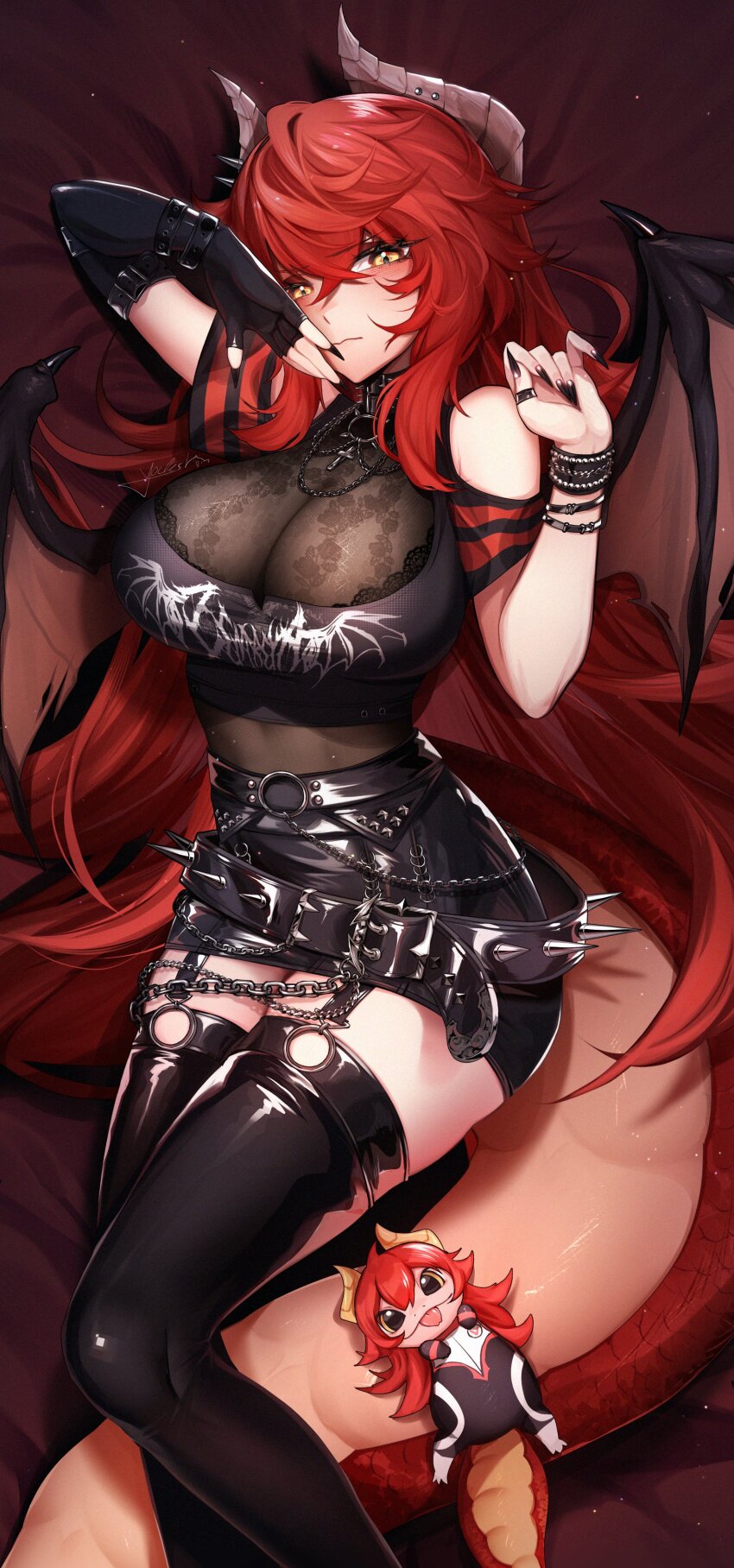 1girl absurdres belt black_belt black_gloves black_nails black_shirt black_shorts black_thighhighs breasts cleavage closed_mouth cross cross_necklace dragon_girl dragon_horns dragon_tail elbow_gloves fingerless_gloves gecko_zen gloves highres horns jewelry large_breasts long_hair looking_at_viewer nail_polish necklace official_alternate_costume official_art shirt shorts single_glove solo spiked_belt tail thighhighs virtual_youtuber vshojo yellow_eyes yoclesh zentreya zentreya_(dragon) zentreya_(dragon)_(metalheads)