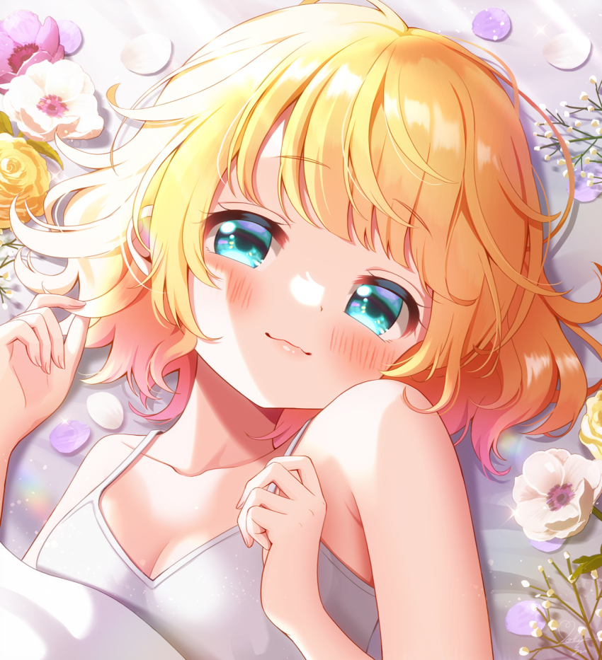 1girl aqua_eyes bare_arms bare_shoulders blonde_hair blunt_bangs blush breasts collarbone commentary_request flower gochuumon_wa_usagi_desu_ka? highres kirima_syaro looking_at_viewer lying mozukun43 on_back short_hair small_breasts smile solo upper_body