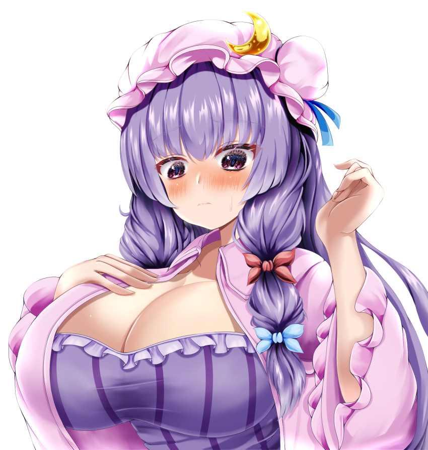 1girl blue_bow blush bow breasts cleavage coat collared_coat crescent crescent_hat_ornament dress hair_bow hand_on_own_chest hand_up hat hat_ornament highres large_breasts long_hair long_sleeves looking_at_viewer mob_cap musi_tino open_clothes open_coat patchouli_knowledge pink_coat purple_dress purple_eyes purple_hair red_bow simple_background solo striped_clothes striped_dress touhou upper_body white_background