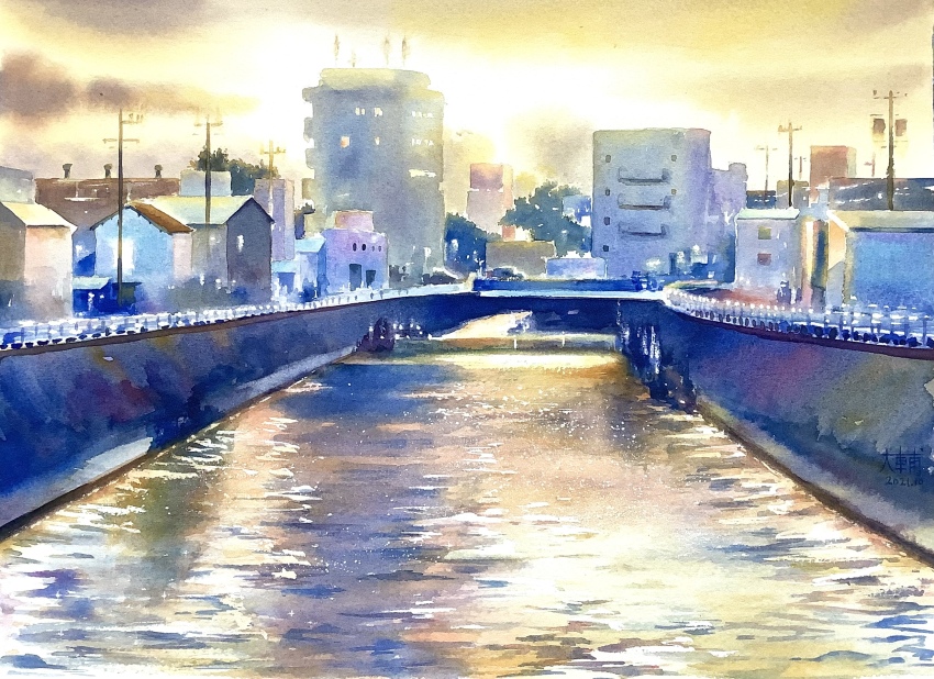 apartment building city cloud cloudy_sky day didi_daisukedoi highres house no_humans orange_sky original painting_(medium) reflection reflective_water river riverbank sky traditional_media utility_pole water watercolor_(medium)