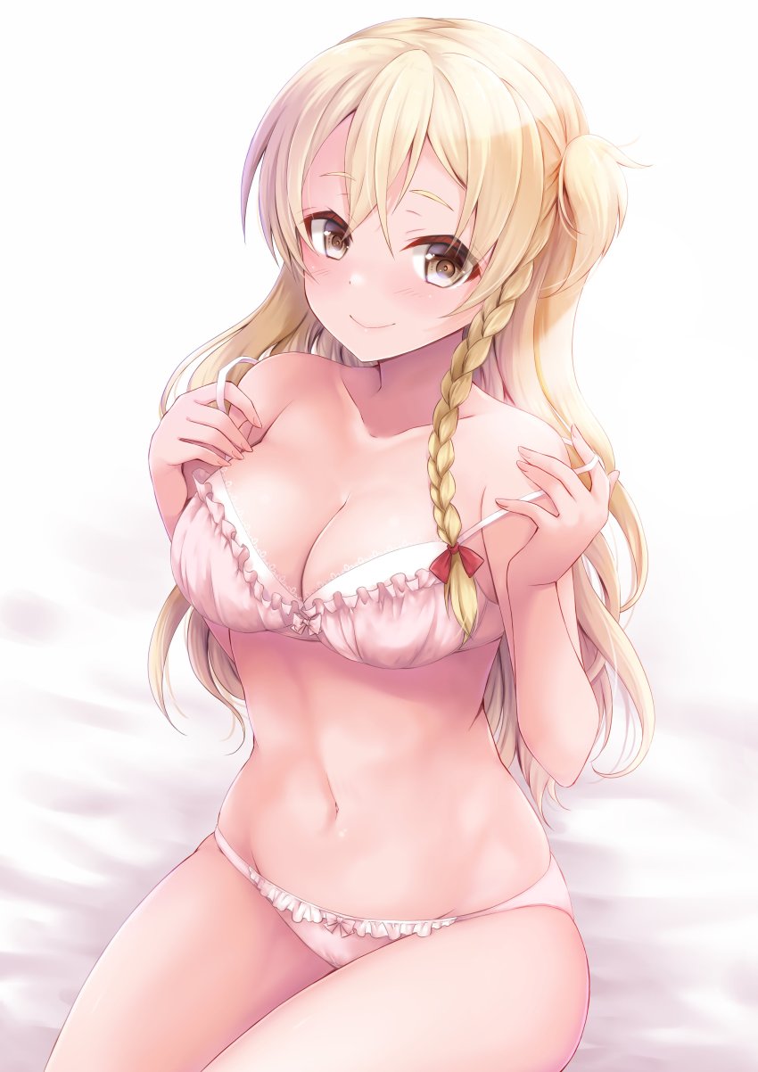 1girl absurdres blonde_hair blush bra braid brown_eyes character_request closed_mouth collarbone copyright_request highres kantai_collection long_hair looking_at_viewer mashiro_yukiya navel panties pink_bra pink_panties single_braid sitting smile solo underwear underwear_only undressing zara_(kancolle)