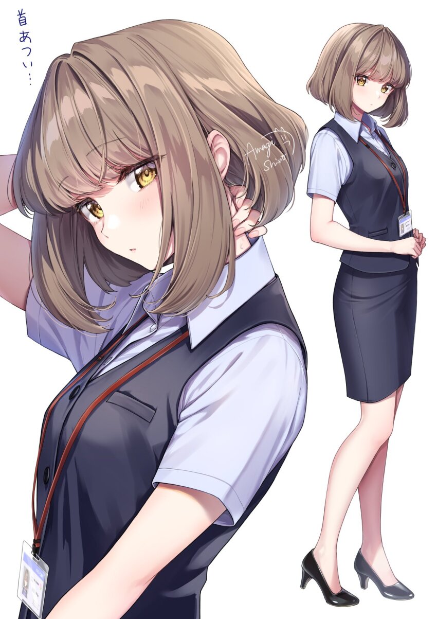 1girl amagi_shino artist_name brown_hair commentary_request expressionless eyelashes high_heels highres light_brown_hair looking_at_viewer office_lady original receptionist_kohai_(amagi_shino) short_hair signature simple_background solo standing translation_request white_background yellow_eyes