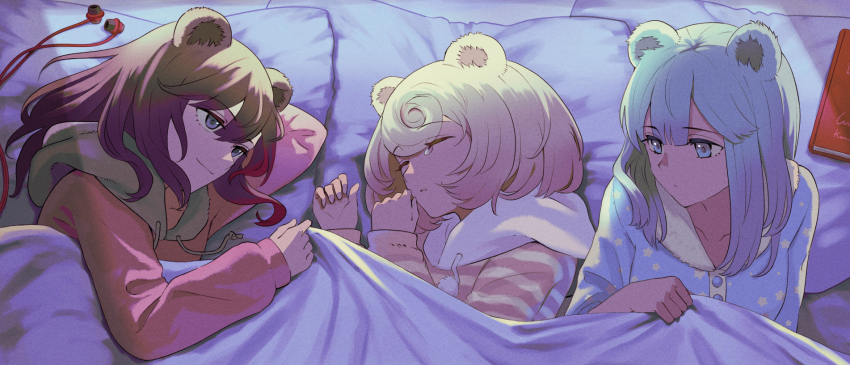 3girls animal_ears aqua_hair arknights bear_ears bear_girl blonde_hair blue_eyes blue_sweater book brown_hair earbuds earphones gummy_(arknights) highres hood hood_down istina_(arknights) long_hair lying memetaroh multicolored_hair multiple_girls on_bed on_side pajamas pillow red_hair red_sweater short_hair sleeping streaked_hair sweater tears under_covers zima_(arknights)