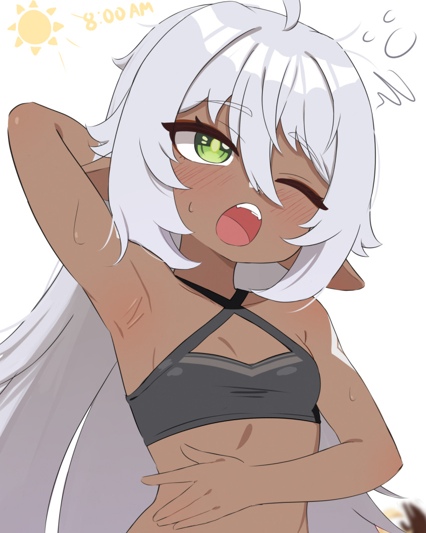 1girl ahoge arm_behind_head arm_up armpits bare_arms bare_shoulders blush breasts commentary criss-cross_halter crop_top dark-skinned_female dark_skin english_commentary genshin_impact green_eyes grey_hair hair_between_eyes halterneck highres iansan_(genshin_impact) long_hair mockingeu one_eye_closed open_mouth simple_background small_breasts solo squiggle sun_symbol sweatdrop teeth timestamp upper_body upper_teeth_only white_background