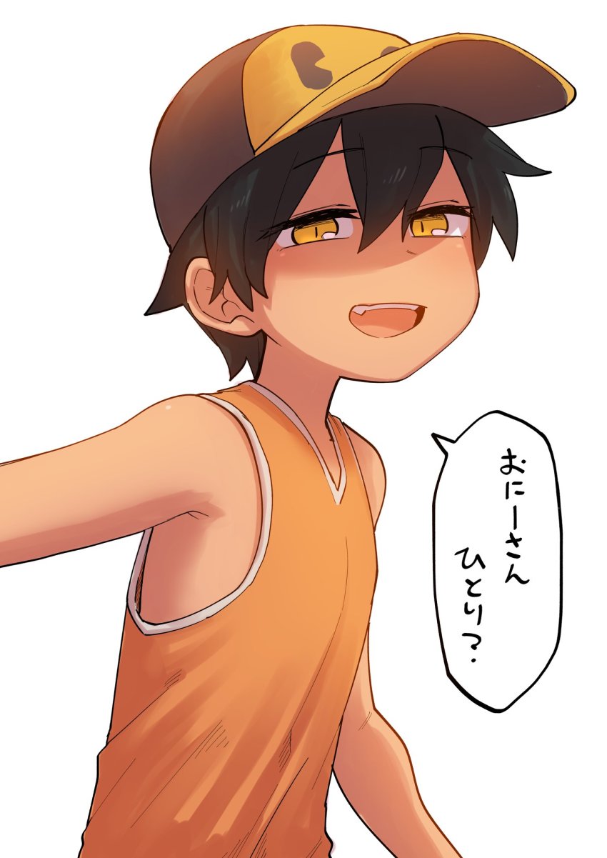 1girl aged_down alternate_hairstyle androgynous baseball_cap black_hair commentary dark_skin fang hair_between_eyes hat highres kurobe_natsumi_(shiromanta) looking_at_viewer orange_shirt reverse_trap senpai_ga_uzai_kouhai_no_hanashi shiromanta shirt short_hair singlet slit_pupils solo tomboy translated yellow_eyes