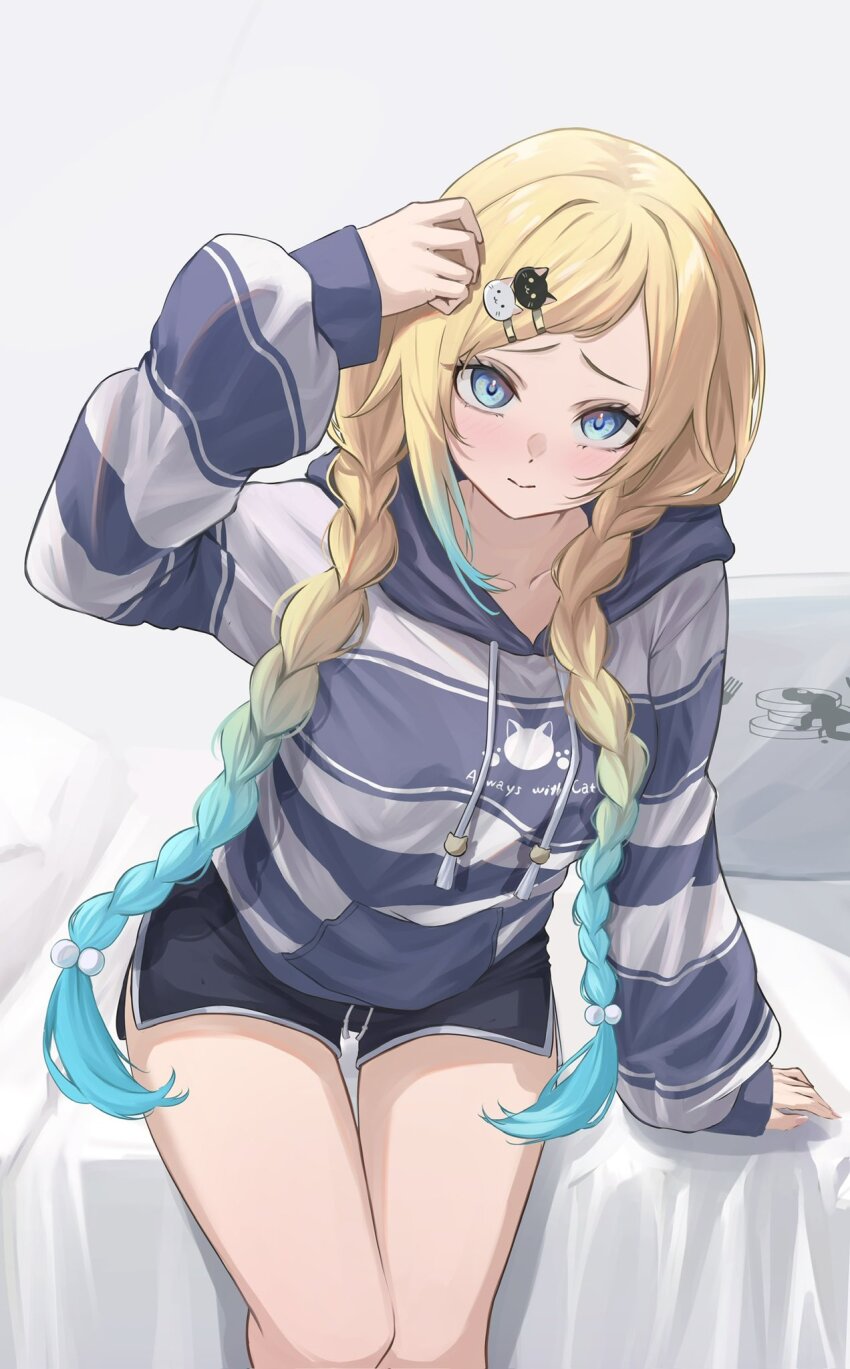 1girl aizawa_ema alternate_costume bed black_shorts blonde_hair blue_eyes blue_hair braid cat_hair_ornament collarbone dolphin_shorts drawstring feet_out_of_frame gradient_hair hair_ornament hairpin highres hood hoodie long_hair long_sleeves multicolored_hair multiple_hairpins on_bed puffy_sleeves short_shorts shorts siro_o77 sitting solo striped_clothes striped_hoodie twin_braids virtual_youtuber vspo! white_background