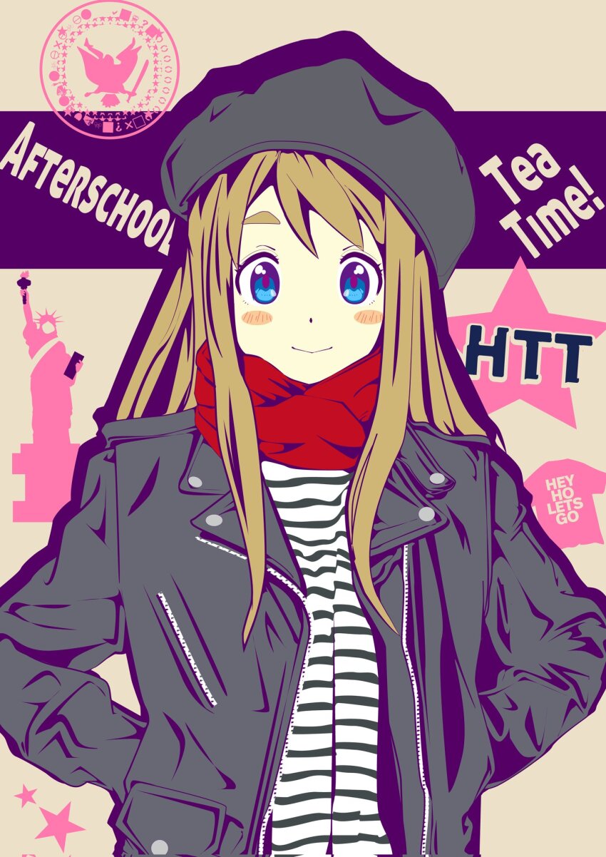 1girl blonde_hair blue_eyes blush blush_stickers bushy_eyebrows closed_mouth english_text facing_viewer feet_out_of_frame female_focus hands_in_pockets hat ho-kago_tea_time jacket k-on! kotobuki_tsumugi laika2slip long_hair long_sleeves looking_at_viewer open_clothes open_jacket red_scarf scarf shirt solo standing star_(symbol) statue_of_liberty striped_clothes striped_shirt thick_eyebrows