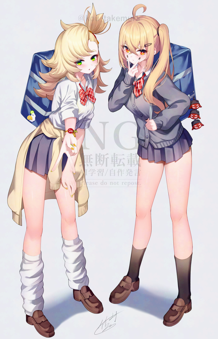 2girls absurdres ahoge artist_name black_nails blonde_hair fingernails full_body green_eyes hair_between_eyes highres long_hair looking_at_viewer luciana_de_montefio multiple_girls nail_polish piper_wheel red_eyes side_ponytail sidelocks standing takemura_kou watermark yellow_nails zenless_zone_zero