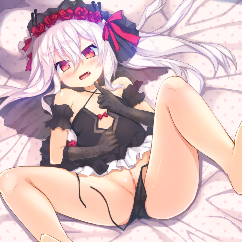 1girl alternate_costume arm_strap azur_lane bare_legs bare_shoulders black_dress black_gloves black_panties bow bridal_veil censored clenched_hand collarbone dress dress_bow fang female_focus frills gloves hair_between_eyes highres loli looking_at_viewer lying mosaic_censoring on_back open_mouth panties pussy safi shiny_skin side-tie_panties solo spread_legs underwear untied_panties vampire_(azur_lane) vampire_(eloi&#039;s_blessing)_(azur_lane) veil wedding_dress