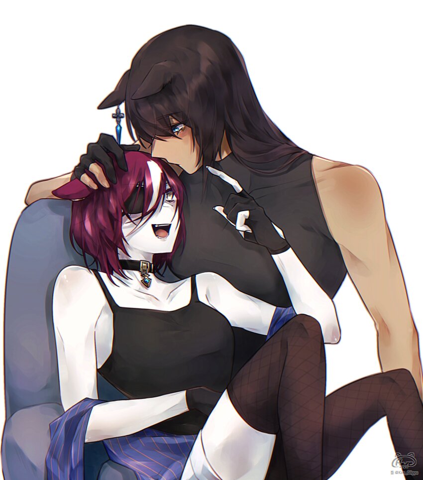 2girls absurdres animal_ears bare_shoulders black_collar black_gloves black_hair black_shirt black_tank_top black_thighhighs blue_eyes breasts collar collarbone commentary_request couch dark-skinned_female dark_skin earrings ears_down eyepatch gloves hand_on_own_head hare_zz highres horse_ears horse_girl jewelry long_hair looking_at_another medium_breasts medium_hair mixed-language_commentary multicolored_hair multiple_girls open_mouth pale_skin partially_fingerless_gloves pointing pointing_at_another shirt short_hair shorts simple_background sleeveless sleeveless_shirt smile streaked_hair symboli_kris_s_(umamusume) tanino_gimlet_(umamusume) tank_top thighhighs turtleneck turtleneck_shirt umamusume white_background white_hair white_shorts yellow_eyes yuri