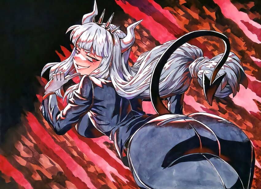 1girl absurdres ass ass_focus black_giraffe black_jacket black_pants breasts demon_girl demon_horns demon_tail from_behind helltaker highres horns huge_ass index_finger_raised jacket long_hair looking_at_viewer looking_back lucifer_(helltaker) mole mole_under_eye pants red_background red_pupils ringed_eyes solo tail teasing white_hair