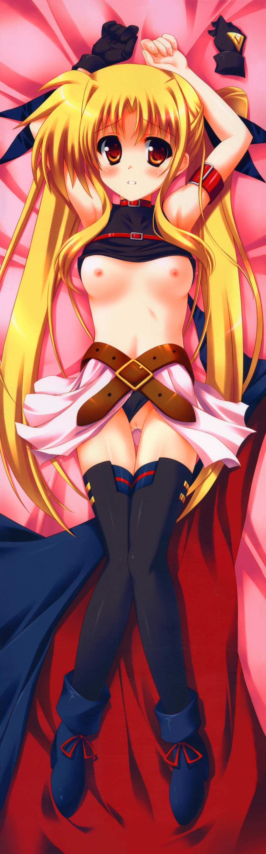 00s 1girl absurdres arms_up belt black_panties blonde_hair blush choker clothes_lift clothing_aside dakimakura_(medium) fate_testarossa female_focus gloves highres kouzuki_hajime long_hair lying lyrical_nanoha mahou_shoujo_lyrical_nanoha nipples on_back panties panties_aside pussy red_eyes scan shirt_lift solo thighhighs twintails uncensored underwear very_long_hair