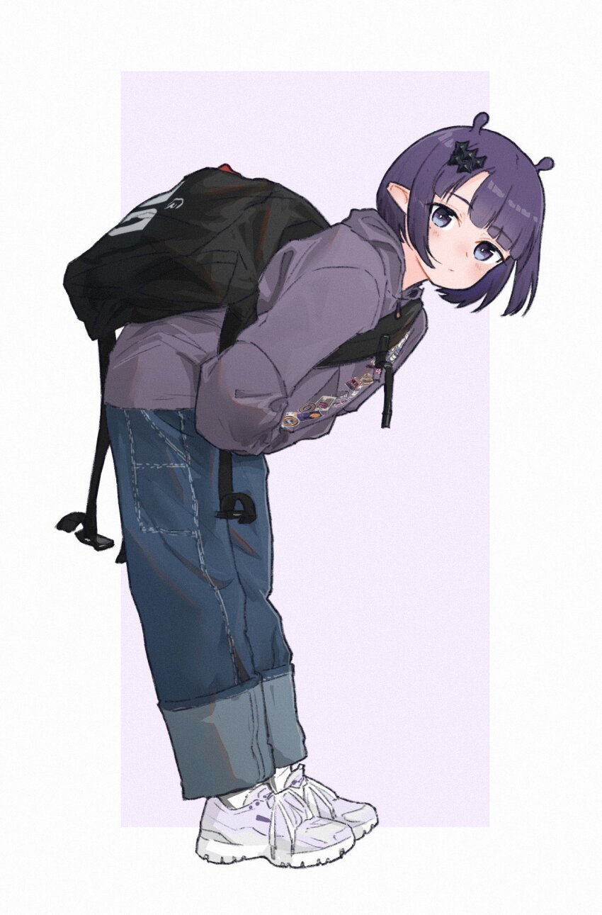 1girl adapted_costume black_bag blue_eyes blue_pants blunt_bangs bob_cut closed_mouth commentary denim english_commentary full_body hair_ornament hairclip hands_in_pockets highres hololive hololive_english hood hoodie jeans leaning_forward long_sleeves looking_at_viewer mole mole_under_eye ninomae_ina&#039;nis ninomae_ina&#039;nis_(loungewear) official_alternate_hairstyle pants pants_rolled_up pointy_ears purple_hair purple_hoodie shoes short_hair sneakers socks solo standing virtual_youtuber waneyeye white_footwear white_socks