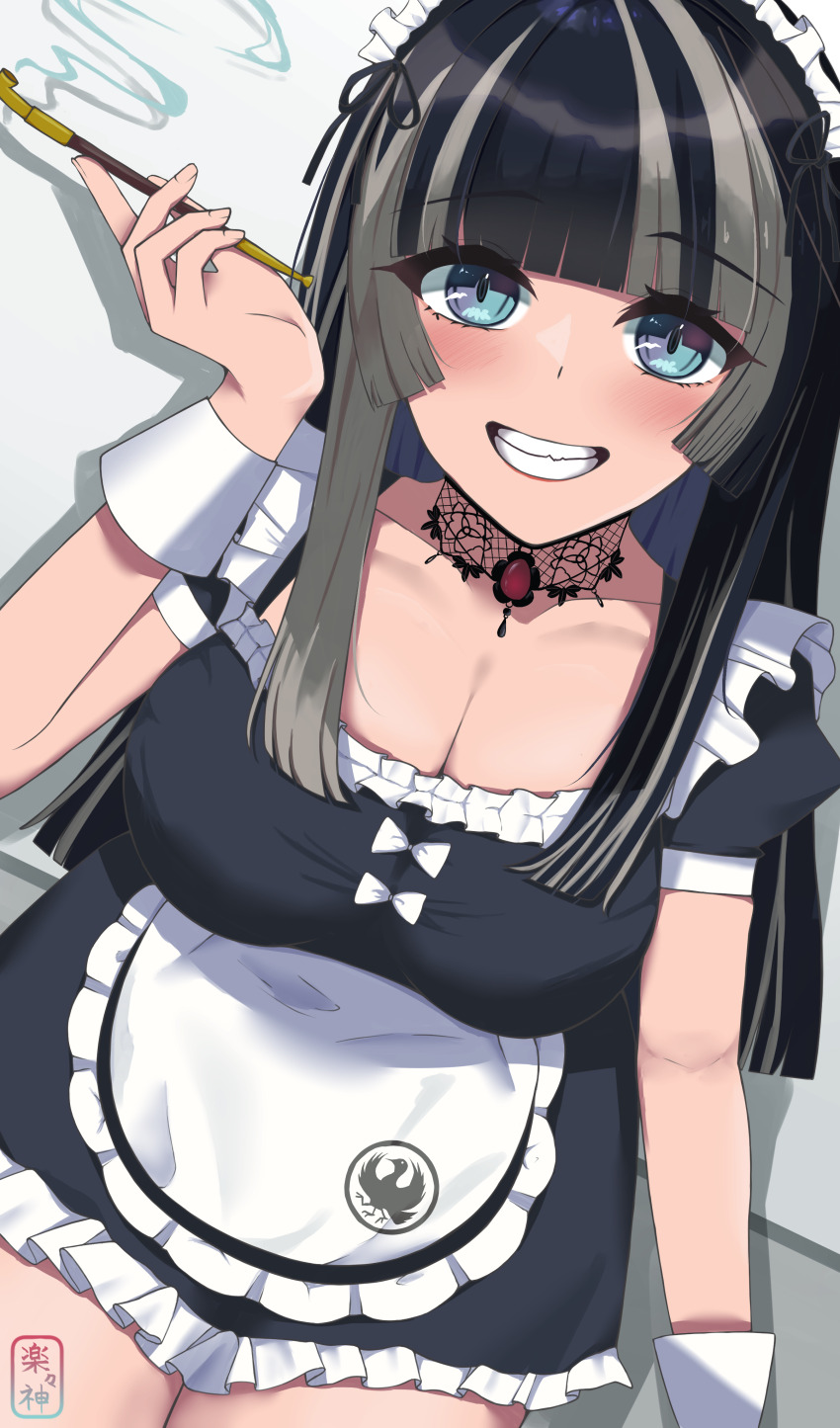 absurdres blue_eyes breasts highres holding holding_smoking_pipe hololive juufuutei_raden kiseru long_hair looking_at_viewer maid multicolored_hair smile smoke smoking_pipe sskmsss teeth thighs virtual_youtuber white_background