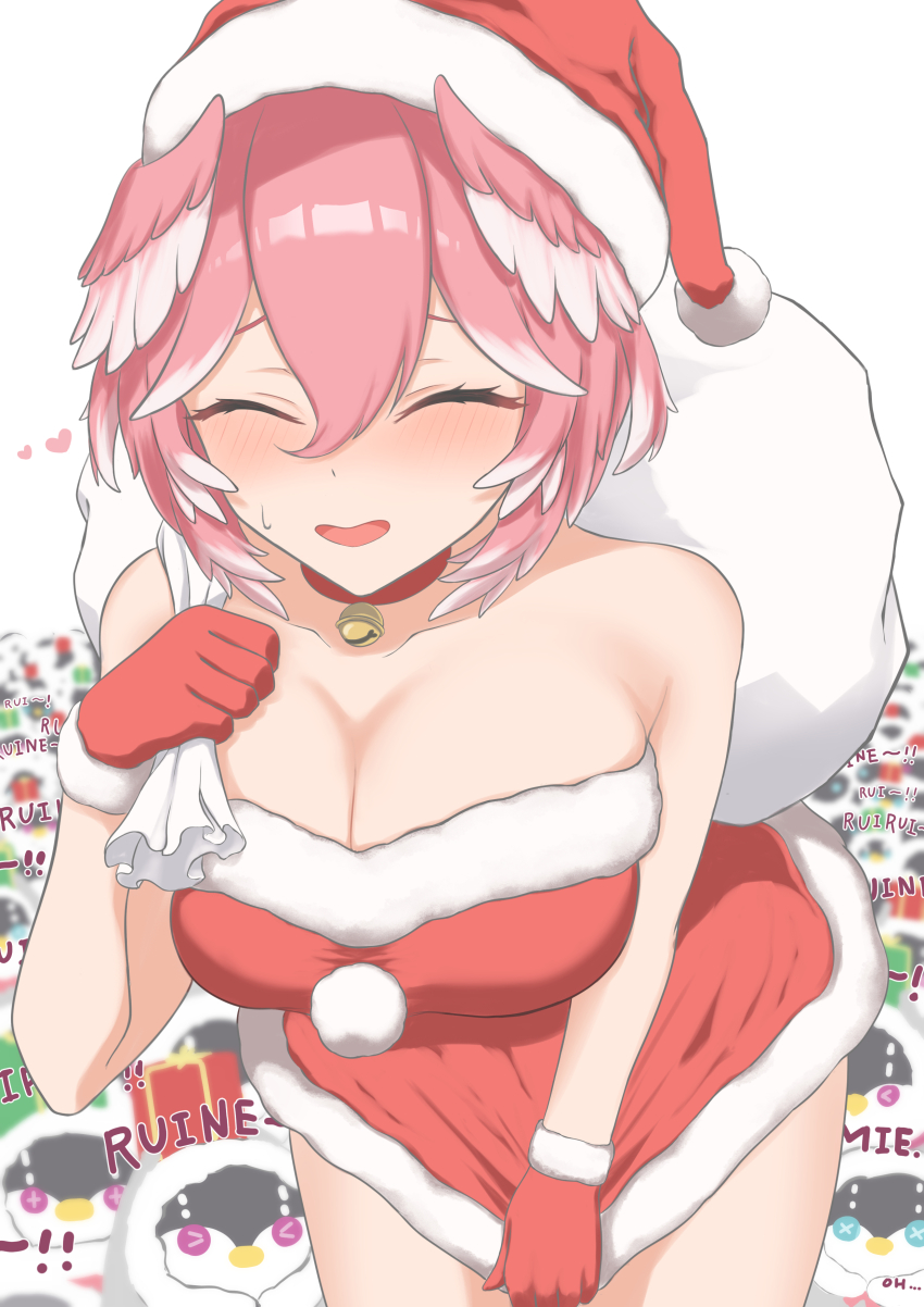 1girl absurdres blush breasts dress hair_between_eyes head_wings highres hololive large_breasts looking_at_viewer pink_hair santa_costume santa_dress short_hair smile solo takane_lui virtual_youtuber wings yomocha_skebmu_ji_zhong