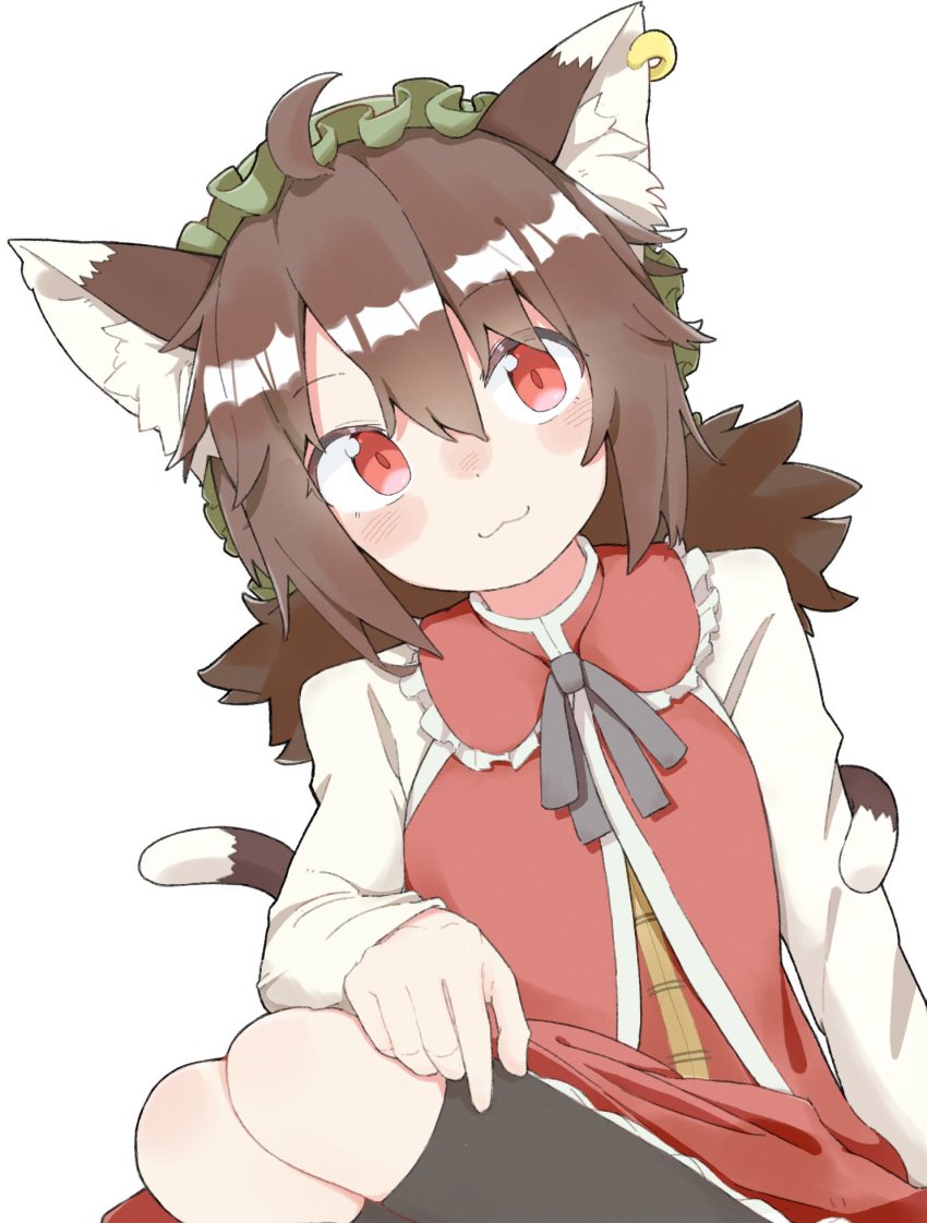 1girl :3 adapted_costume ahoge alternate_hairstyle animal_ear_fluff animal_ears black_socks blush brown_hair cat_ears cat_tail chen closed_mouth dot_nose earrings feet_out_of_frame frilled_shirt_collar frills green_hat hair_between_eyes hat highres jewelry kae_karee kneehighs leaning_to_the_side long_sleeves looking_at_viewer mob_cap multiple_tails nekomata nose_blush petticoat red_eyes red_vest simple_background single_earring sitting socks solo tail touhou two_tails vest white_background yokozuwari