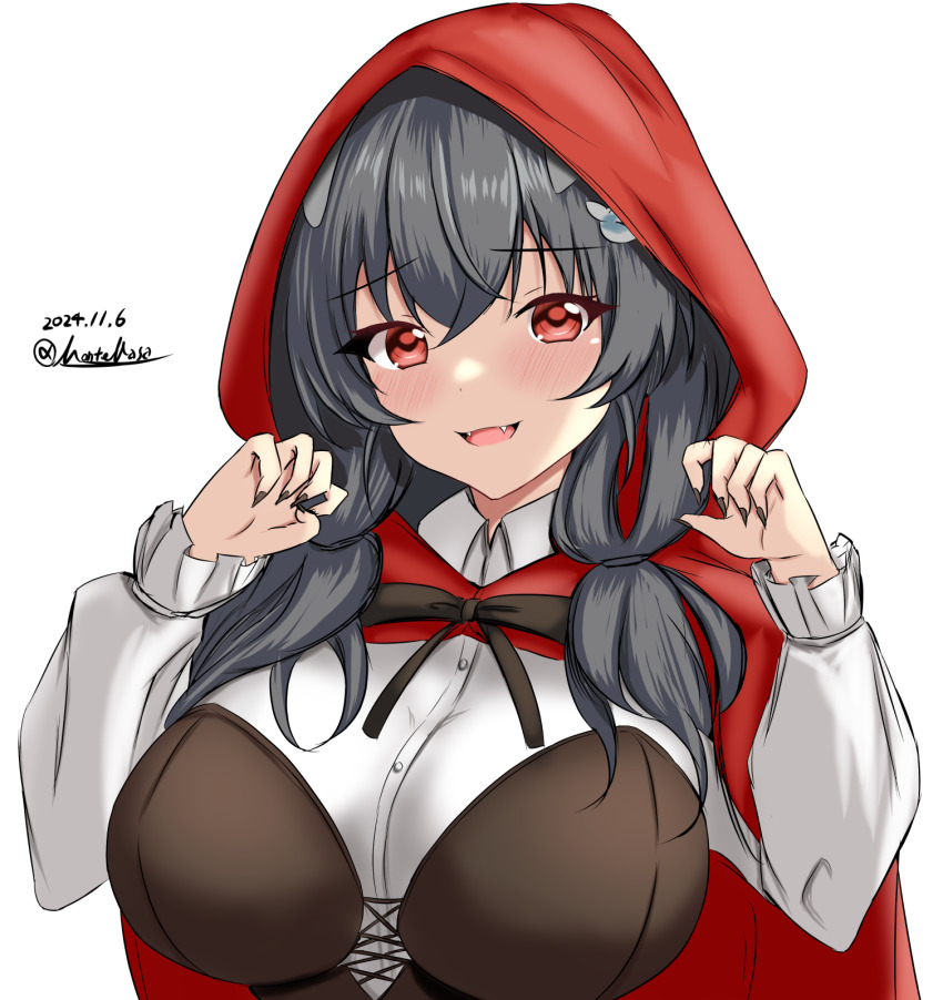 1girl animal_costume animal_ears black_hair black_nails breasts cloak commentary_request cosplay fangs hair_between_eyes hair_ornament halloween_costume highres hood hooded_cloak jingei_(halloween_mode)_(kancolle) jingei_(kancolle) kantai_collection large_breasts little_red_riding_hood little_red_riding_hood_(grimm) little_red_riding_hood_(grimm)_(cosplay) long_hair long_sleeves montemasa official_alternate_costume open_mouth red_cloak red_eyes red_hood solo upper_body whale_hair_ornament wolf_costume wolf_ears