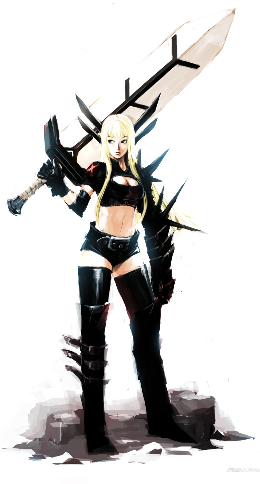 1girl armor belt black_gloves blonde_hair blue_eyes breasts cleavage cleavage_cutout clothing_cutout crop_top female_focus full_body gloves hair_ornament highres holding holding_sword holding_weapon huge_weapon magik magik_(x-men) marvel midriff naratani navel short_shorts shorts solo superhero_costume sword thighhighs weapon x-men zettai_ryouiki