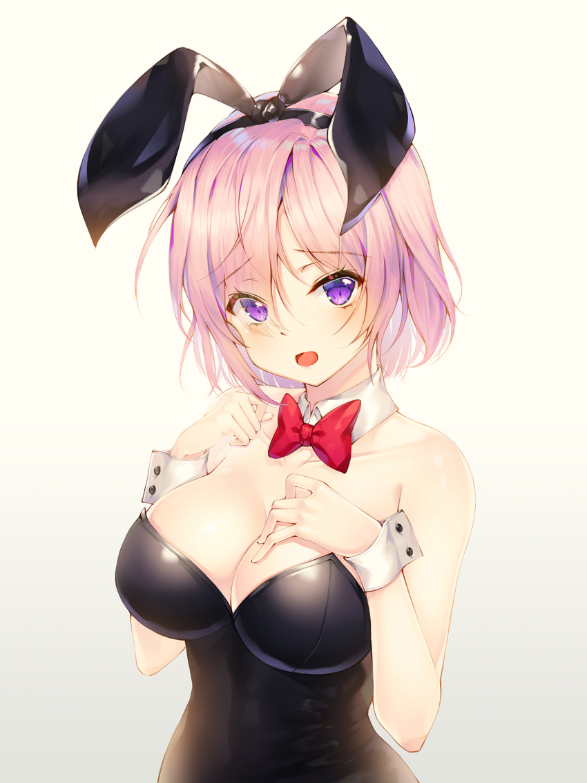 1girl animal_ears bad_id bad_pixiv_id bare_shoulders black_leotard blush bow bowtie breasts cleavage collarbone commentary detached_collar eyes_visible_through_hair fake_animal_ears fate/grand_order fate_(series) female_focus hair_over_one_eye highres large_breasts leotard light_purple_hair looking_at_viewer mash_kyrielight mellozzo open_mouth playboy_bunny purple_eyes rabbit_ears red_bow red_bowtie short_hair simple_background smile solo strapless strapless_leotard white_background wrist_cuffs