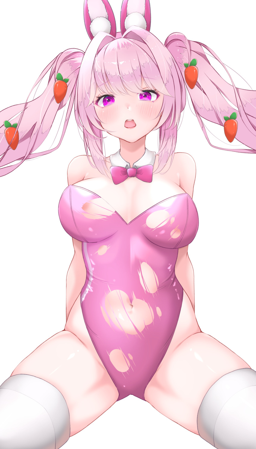 1girl absurdres alice_(nikke) alice_(wonderland_bunny)_(nikke) amepon animal_ear_fluff animal_ears areola_slip arms_at_sides bare_shoulders blush bow bowtie breasts carrot_hair_ornament collar collarbone commentary detached_collar food-themed_hair_ornament goddess_of_victory:_nikke hair_intakes hair_ornament highres large_breasts leotard long_hair looking_at_viewer navel open_mouth pink_bow pink_bowtie pink_eyes pink_hair pink_leotard pink_lips pink_theme playboy_bunny rabbit_ears simple_background solo spread_legs strapless strapless_leotard teeth thighhighs thighs torn_clothes torn_leotard twintails upper_teeth_only white_background white_collar white_thighhighs