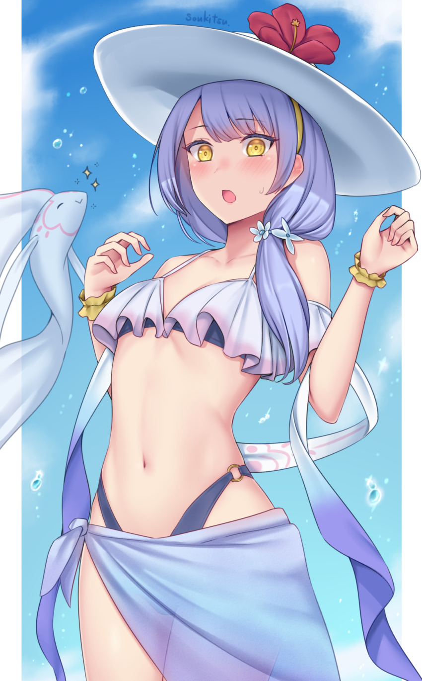 1girl blush elefee familiar fish flower grey_hair hair_flower hair_ornament hairband hat highres izumi_(under_night_in-birth) long_hair navel open_mouth side_ponytail soukitsu sun_hat swimsuit under_night_in-birth under_night_in-birth_2_sys:celes yellow_eyes yellow_hairband