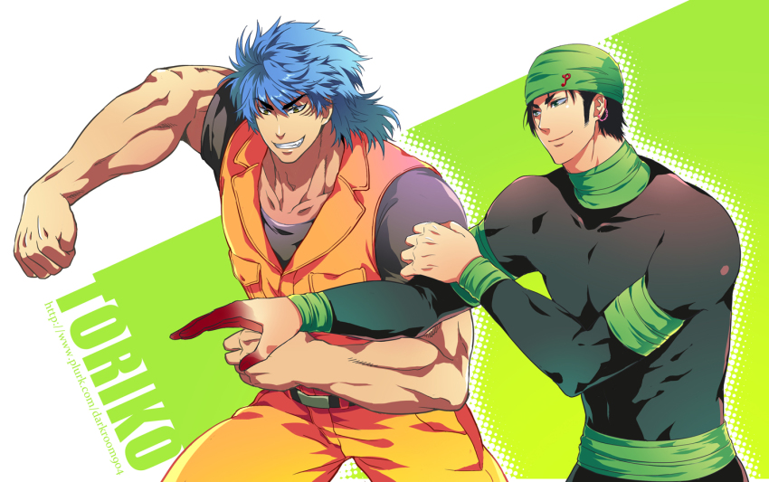 10s 2boys black_hair blue_hair coco_(toriko) green_eyes multiple_boys toriko_(series) toriko_(toriko) yellow_eyes