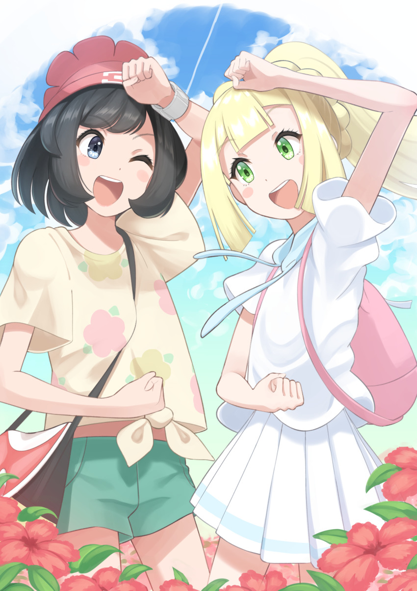 2girls absurdres bag black_hair blonde_hair blue_eyes creatures_(company) dress etyaduke game_freak gotcha! green_eyes highres lillie_(pokemon) long_hair multiple_girls nintendo open_mouth pokemon pokemon_sm selene_(pokemon) shirt short_hair short_sleeves smile tied_shirt white_dress