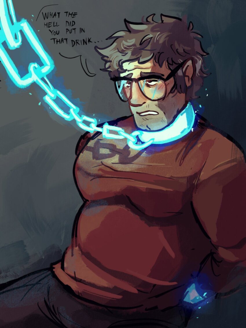 1boy bara bdsm beard black_pants blush bondage bound bound_wrists chain chain_leash collar commentary english_commentary english_text facial_hair glasses glowing gravity_falls grey_hair highres implied_drugging implied_yaoi large_pectorals leash male_focus old old_man pants pectorals red_sweater short_hair sitting solo speech_bubble spybblez stanford_pines sweater