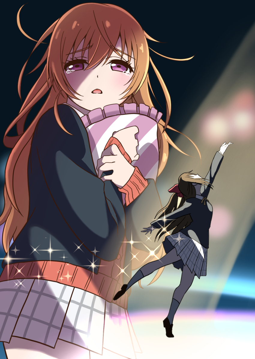 2girls ankle_socks arm_up black_background black_jacket blurry blurry_background bow brown_hair cardigan collared_shirt commentary_request d: hair_bow half_updo highres hugging_object jacket konoe_kanata long_hair long_sleeves love_live! love_live!_bluebird love_live!_nijigasaki_high_school_idol_club miniskirt multiple_girls nijigasaki_school_uniform open_clothes open_jacket open_mouth osaka_shizuku parody pillow plaid_clothes plaid_skirt pleated_skirt purple_eyes red_bow red_cardigan school_uniform shirt sidelocks skirt sleeves_past_wrists socks sparkle spotlight toba_(soratob108) white_shirt white_skirt winter_uniform