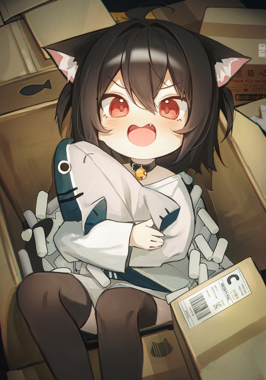 1girl absurdres ahoge animal_ear_fluff animal_ears barcode bell black_collar black_hair black_thighhighs blush box cardboard_box cat_ears cat_girl cat_tail child collar e_name ears_down fang from_above highres holding holding_stuffed_toy hugging_doll hugging_object in_box in_container long_hair long_sleeves looking_at_viewer neck_bell open_mouth original oversized_clothes oversized_shirt packing_peanuts qr_code red_eyes shirt sitting solo stuffed_animal stuffed_shark stuffed_toy tail thighhighs white_shirt wide_sleeves