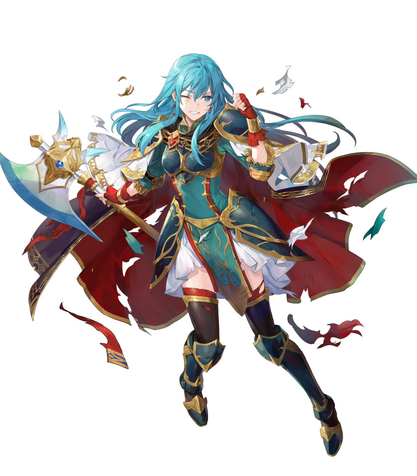 1girl aqua_eyes aqua_hair armor armored_boots axe azu-taro battle_axe blue_armor blue_cape boots breastplate cape damaged earrings eirika_(fire_emblem) eirika_(resolute_princess)_(fire_emblem) fingerless_gloves fire_emblem fire_emblem_heroes gloves gold_trim hair_between_eyes highres holding holding_axe jewelry long_hair multicolored_cape multicolored_clothes nintendo non-web_source official_alternate_costume official_art pelvic_curtain red_cape red_gloves solo torn_cape torn_clothes weapon