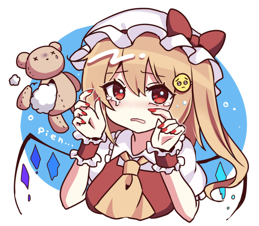 1girl ascot blonde_hair crying crystal emoji flandre_scarlet hat hat_ribbon mob_cap open_mouth pleading_face_emoji puffy_short_sleeves puffy_sleeves red_eyes red_nails red_vest ribbon short_hair short_sleeves side_ponytail solo stuffed_animal stuffed_toy subaru_(subachoco) tears teddy_bear touhou upper_body vest wings yellow_ascot