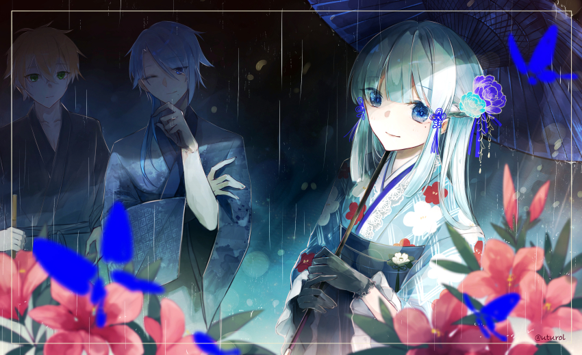 1girl 2boys absurdres alternate_hairstyle ayaka_(genshin_impact) azalea_(flower) black_gloves black_kimono blonde_hair blue_eyes blue_hair blue_kimono blunt_bangs brother_and_sister bug butterfly dark_background finger_to_own_chin floral_print flower genshin_impact gloves green_eyes hair_flower hair_ornament highres holding holding_umbrella iceberg913 insect japanese_clothes kamisato_ayato kimono light_blue_hair long_hair looking_at_another looking_at_viewer mole mole_under_eye mole_under_mouth multiple_boys oil-paper_umbrella one_eye_closed rain siblings thoma_(genshin_impact) umbrella wide_sleeves