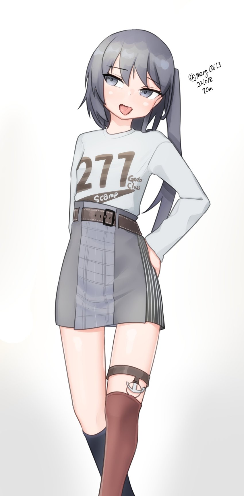 1girl absurdres alternate_costume asymmetrical_legwear breasts character_name dated grey_eyes grey_hair highres kantai_collection looking_at_viewer maru_(marg0613) medium_hair mismatched_legwear no_headgear one-hour_drawing_challenge scamp_(kancolle) simple_background small_breasts solo thighs tongue tongue_out twitter_username white_background