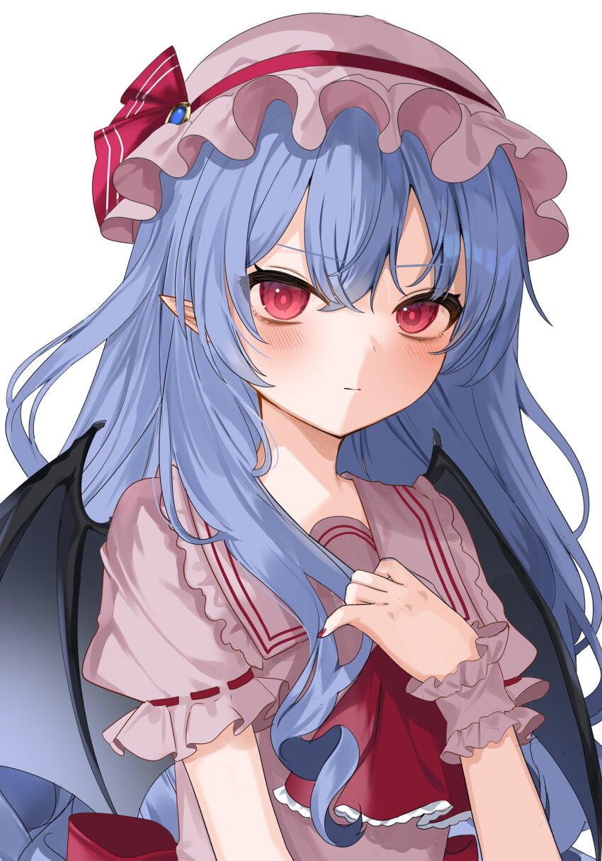 1girl alternate_hair_length alternate_hairstyle ascot bat_wings blue_hair blush closed_mouth collared_shirt frilled_shirt_collar frills hair_between_eyes hat hat_ribbon highres long_hair looking_at_viewer mob_cap okome2028 pink_hat pointy_ears puffy_short_sleeves puffy_sleeves red_ascot red_eyes red_nails red_ribbon remilia_scarlet ribbon shirt short_sleeves simple_background solo touhou upper_body white_background wings wrist_cuffs