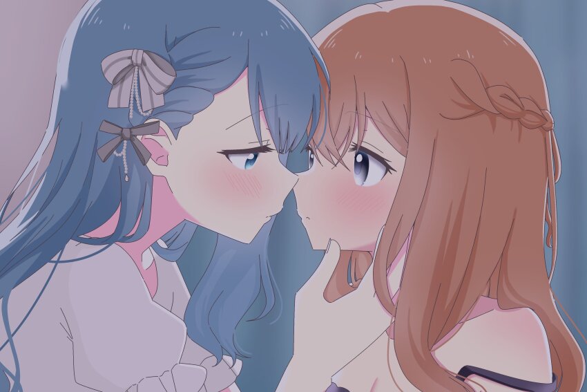 2girls absurdres black_bra blue_eyes blue_hair bow bra closed_mouth commentary_request eye_contact grey_eyes grey_ribbon hair_bow hair_ribbon half_up_braid hanasato_minori hand_on_another&#039;s_face highres hrtahm imminent_kiss kiritani_haruka long_hair looking_at_another multiple_girls orange_hair parted_lips project_sekai ribbon shirt short_sleeves strap_slip underwear upper_body white_bow white_shirt yuri