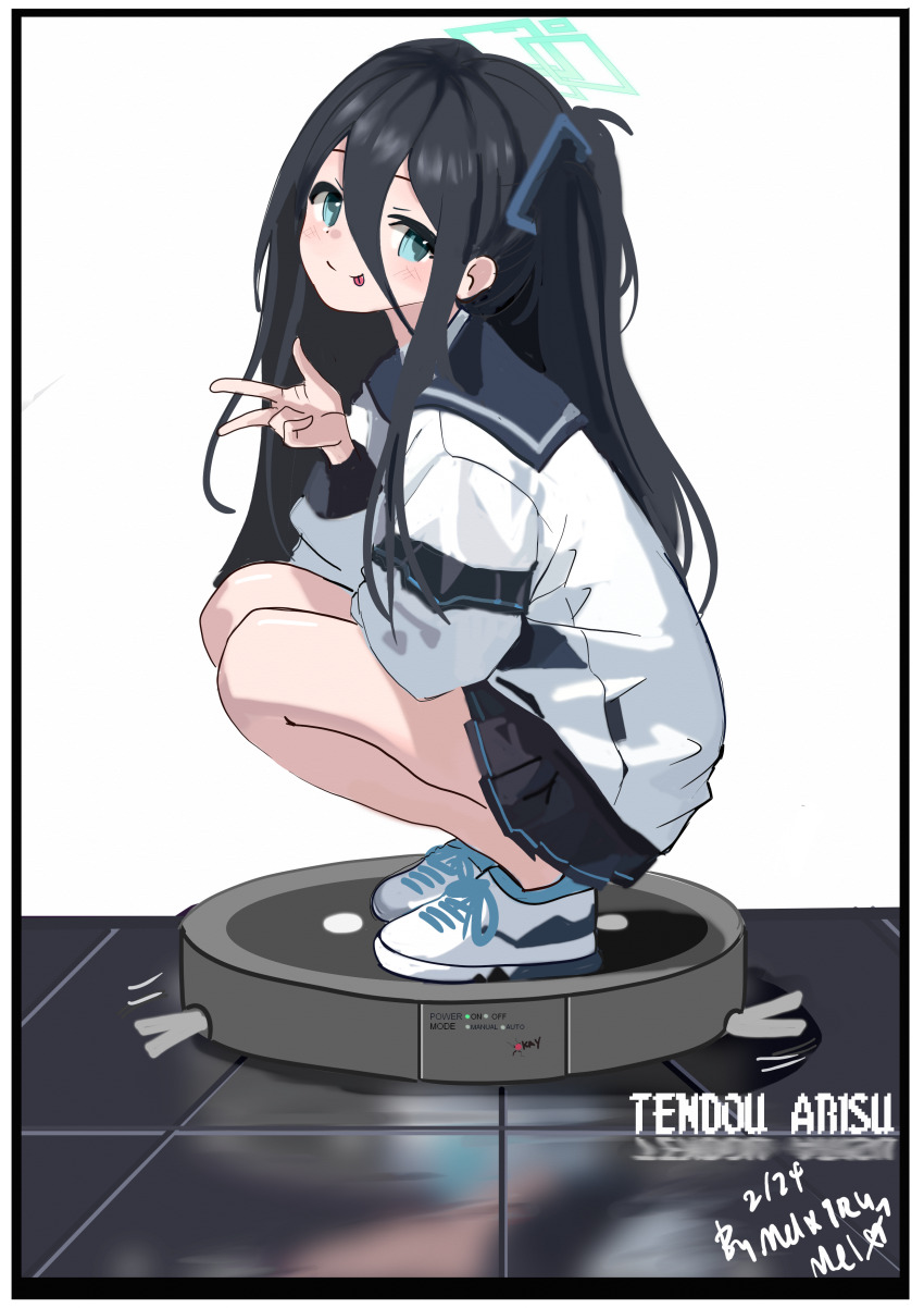 1girl absurdres aris_(blue_archive) black_eyes black_skirt blue_archive blue_eyes character_name from_side full_body highres looking_at_viewer melissa_v2 robotic_vacuum_cleaner shirt side_ponytail skirt slav_squatting solo squatting tongue tongue_out v white_footwear white_shirt