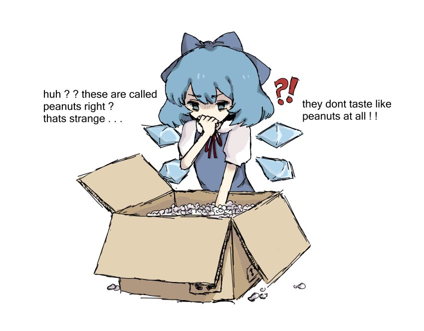 !? 1girl absurdres blouse blue_bow blue_eyes blue_hair blue_shirt bow box cardboard_box cirno commentary eating english_commentary english_text hair_bow highres ice ice_wings packing_peanuts shirt short_hair short_sleeves simple_background sitting snale solo touhou white_background white_shirt wings