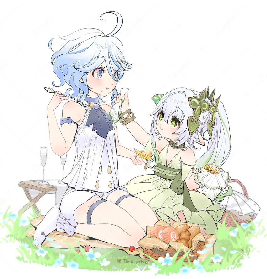 2girls :t ahoge arm_up artist_name ascot bare_shoulders basket black_ascot blanket blue_bow blue_eyes blue_hair blush bow bracelet cake candied_ajilenakh_nut_(genshin_impact) champagne_flute closed_mouth commentary_request cross-shaped_pupils cup dress drinking_glass drinking_straw drop-shaped_pupils eating eyelashes flower food food_on_face fork fruit furina_(genshin_impact) genshin_impact gradient_hair grass green_dress green_eyes green_hair green_sash hair_between_eyes hair_ornament hand_up highres holding holding_fork jewelry leaf_hair_ornament long_hair looking_at_another multicolored_hair multiple_girls nahida_(genshin_impact) napkin parted_bangs pastry picnic_basket pointy_ears sash shirt short_hair short_shorts shorts side_ponytail sidelocks simple_background sitting sleeveless sleeveless_dress sleeveless_shirt smile socks strawberry streaked_hair swept_bangs symbol-shaped_pupils table tablecloth thigh_strap toro_astro twitter_username wariza white_background white_flower white_hair white_shirt white_shorts white_socks wide-eyed