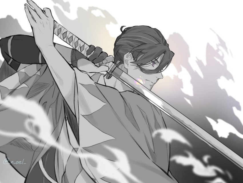 1boy ahoge blurry blurry_foreground closed_mouth fate/grand_order fate_(series) fighting_stance gloves greyscale hair_between_eyes hair_pulled_back haori holding holding_sword holding_weapon japanese_clothes katana kimono looking_ahead male_focus monochrome n_oel partially_fingerless_gloves profile purple_eyes serious shinsengumi short_hair smoke solo spot_color sword upper_body weapon white_background yamanami_keisuke_(fate)