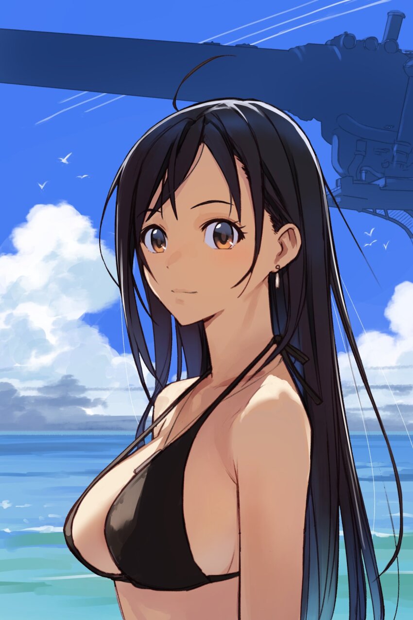 1girl beach bikini black_bikini blue_sky breasts brown_eyes cannon cleavage decoponmagi final_fantasy final_fantasy_vii final_fantasy_vii_ever_crisis highres large_breasts long_hair sky swimsuit tifa_lockhart tifa_lockhart_(lifeguard) upper_body