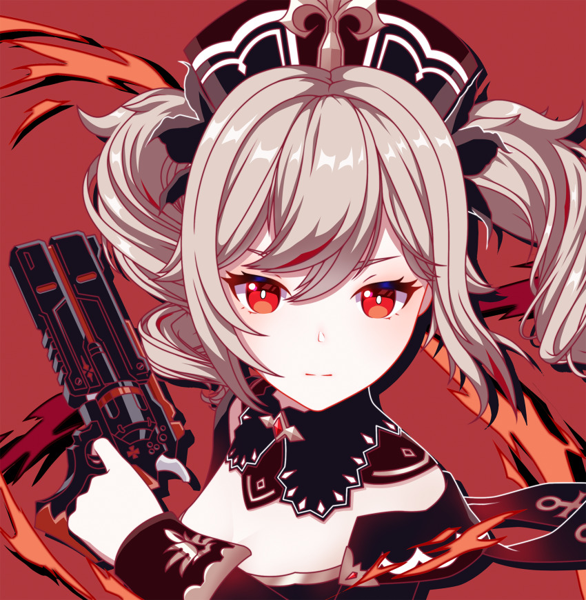 1girl alternate_color alternate_eye_color barbara_(genshin_impact) blonde_hair corrupted detached_collar genshin_impact gun handgun highres holding holding_gun holding_weapon mihoyo pomo910 portrait red_background red_eyes revolver simple_background weapon