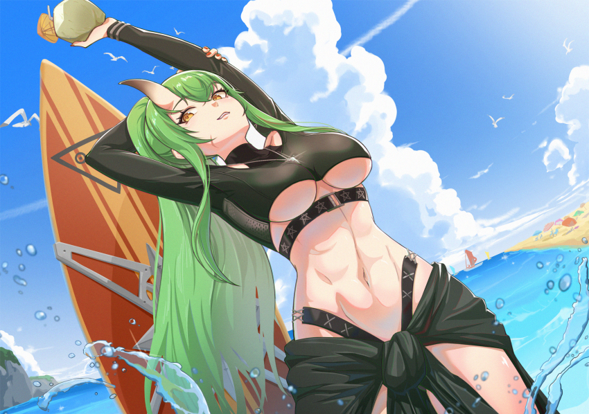 1girl absurdres arknights arm_up beach breasts coconut commentary_request crop_top day food fruit green_hair hair_between_eyes highres horns hoshiguma_(arknights) hoshiguma_(seeker)_(arknights) long_hair midriff navel ocean official_alternate_costume oni outdoors revision shimizu_kazunari shirt single_horn skin-covered_horns solo star_(symbol) underboob very_long_hair water