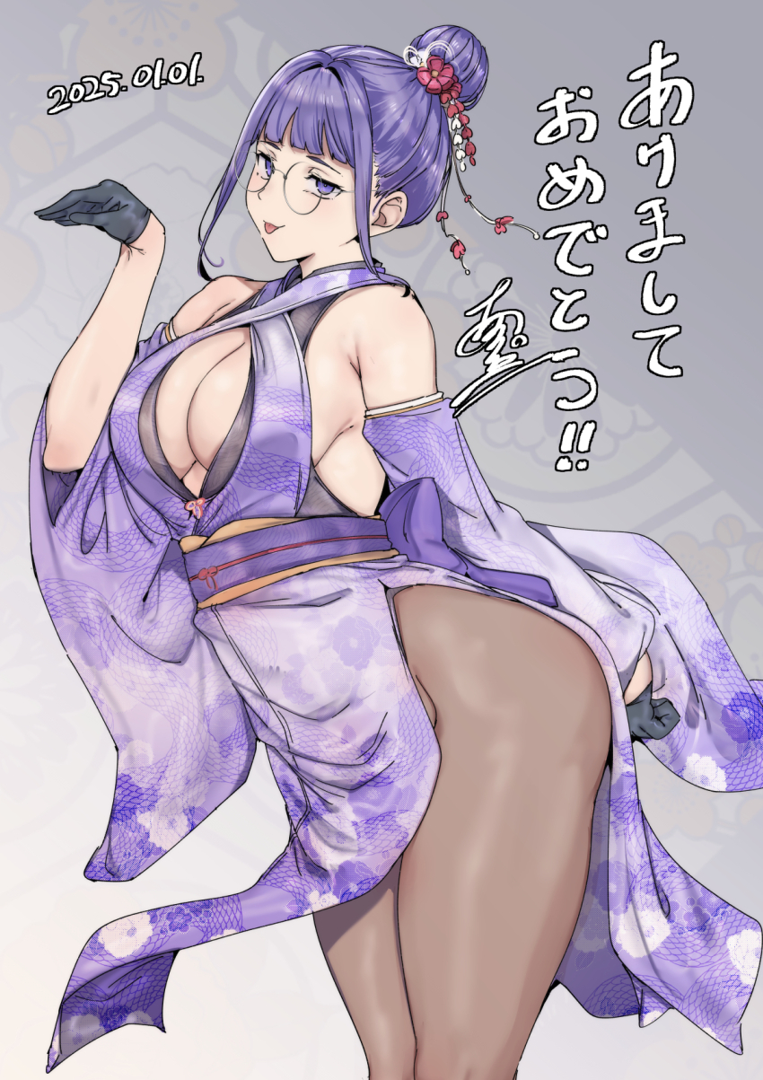 1girl :p alp arm_behind_back bare_shoulders black_gloves black_pantyhose blunt_bangs blush breasts commentary dated glasses gloves hair_bun hair_ornament half_gloves highres japanese_clothes kimono large_breasts long_hair long_sleeves looking_at_viewer miyoshi_(alp) original pantyhose purple_eyes purple_hair purple_kimono sidelocks single_hair_bun smile solo symbol-only_commentary thighs tongue tongue_out translation_request